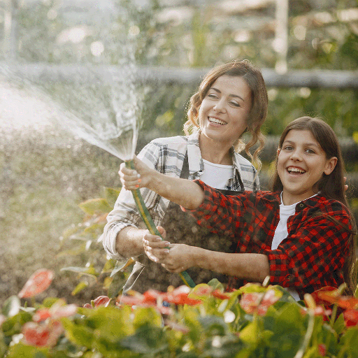 Jeune fille et sa maman arrosant le jardin grâce à de l'eau de pluie récupérée Arrosage avec récupérateur d'eau de pluie