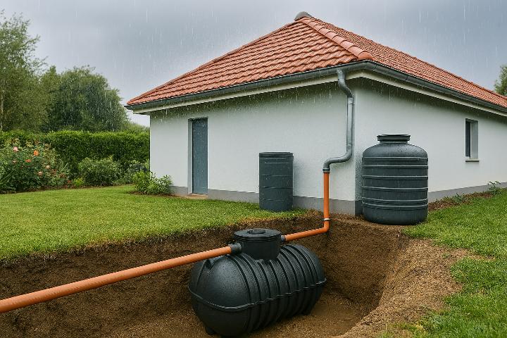 ue réaliste d’un système complet : toiture, filtre, cuve enterrée, pompe et réseau intérieur séparé. ue réaliste d’un système complet : toiture, filtre, cuve enterrée, pompe et réseau intérieur séparé.